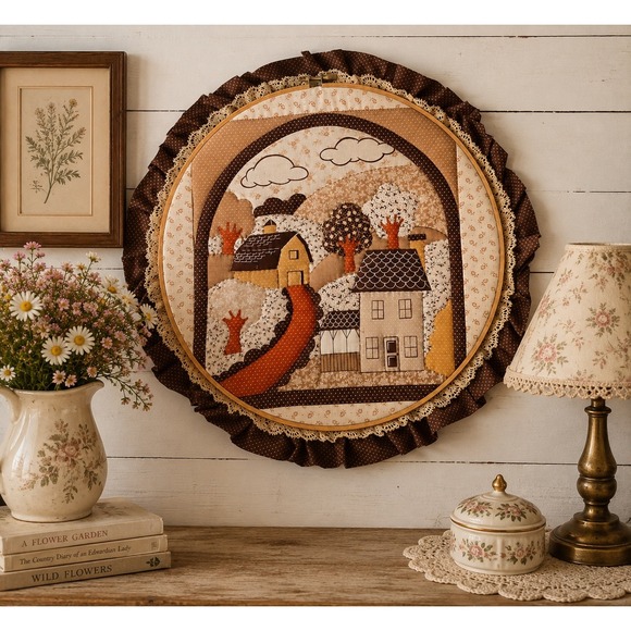 Handcrafted Other - Vintage Handmade Fabric Applique Village Landscape Hoop Wall Art Ruffle 12in